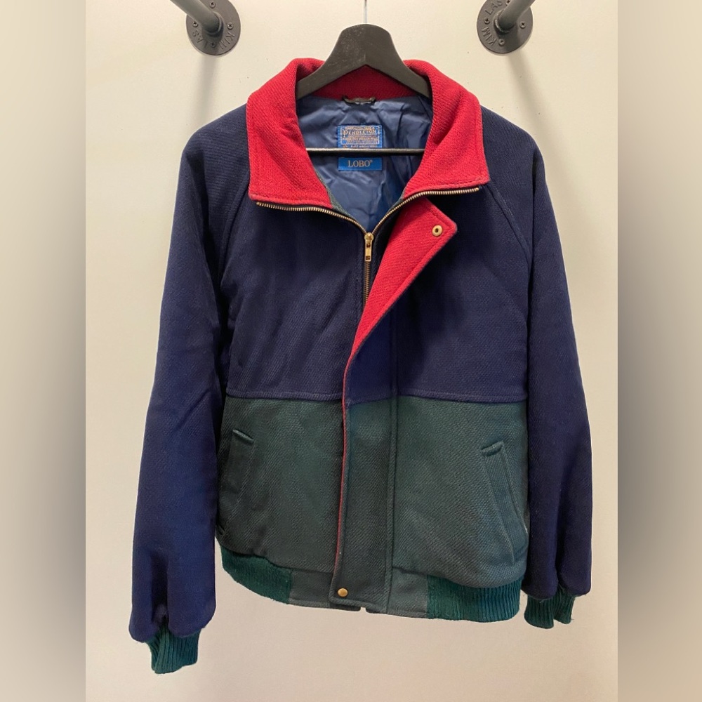 Vintage Pendleton Men’s Bomber Jacket Wool Lined Blue Red Green Zip Snap Large